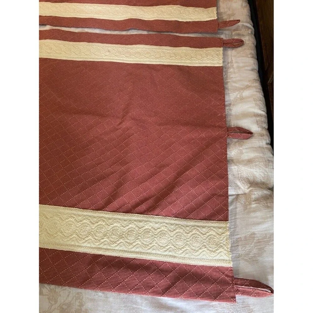Pair of Lee Jofa Red Embroidered Tab Top Curtain Panels Lined Decorative Trim